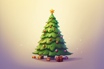 Cute cartoon decorated Christmas tree and a star and presents