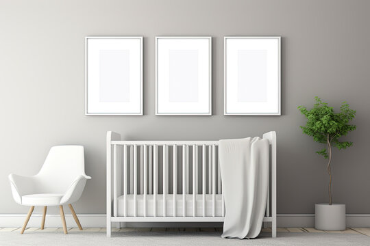 Three picture frames and a baby's room with a crib and chair mock up