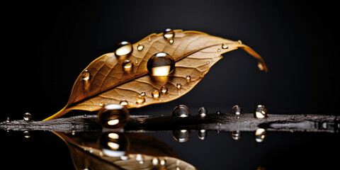 Brown dry leaf with shimmering water drops, highlighting earthy color palettes and the beauty of reflections and mirroring.