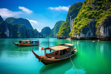 Scenic fishing village and rocky island in Vietnam's Halong Bay, a UNESCO World Heritage Site. Boat trip to famous destination. Generative AI - obrazy, fototapety, plakaty