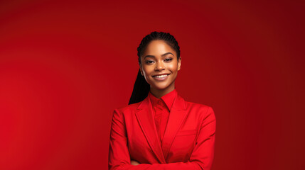 Stunning African American model in vibrant red attire, radiating positivity against a matching background. Ideal for fashion, social media, advertising, and corporate promotion.