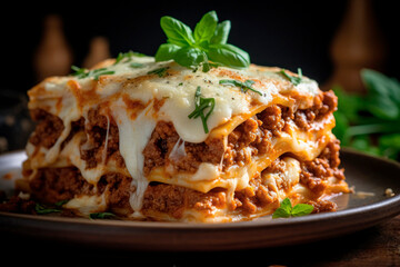 Close-up Tempting Lasagna with Bolognese Sauce and Melted Cheese. Savoring Layers of Delight