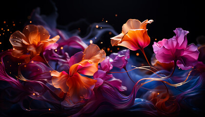 Vibrant colored flowers bloom, creating a beautiful nature backdrop generated by AI
