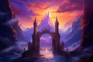 Vivid image with a mysterious ambiance featuring a grand gate, towering mountains, and a stunning sky in shades of purple and orange. Generative AI