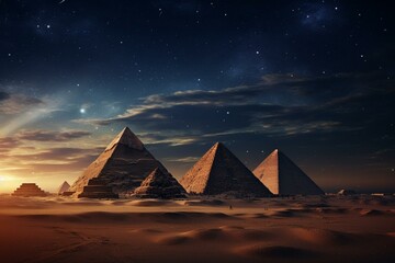 Nighttime view of historic pyramids beneath a luminous star-filled sky. Generative AI
