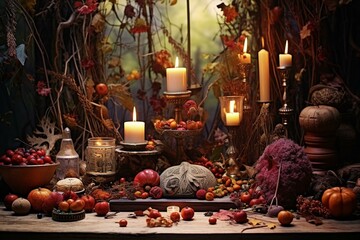 Mystical autumn altar adorned with candle, leaves, fruits, berries, and nuts in a magical forest. Anime-inspired esoteric ceremony for Mabon sabbat witchcraft and spiritual ritual. Generative AI