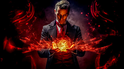 a magician with a fiery magic ball in his hands