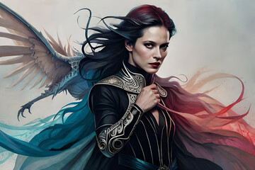 A painting of a woman with a blue mask and horns.