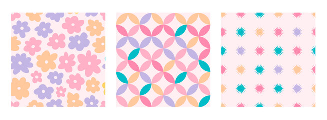 Y2k seamless patterns with daisy, geometric shapes and stars. Set of vector backgrounds in trendy retro trippy 2000s style. Lilac, pink and green color. Funny cute texture for surface design.