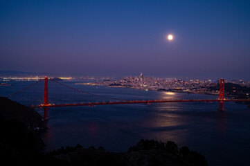 Golden Gate Bridge with San Francisco skyline and full moon at night.