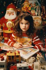 portrait of a young girl/child writing letter wishes to Santa in festive setting christmas tree...