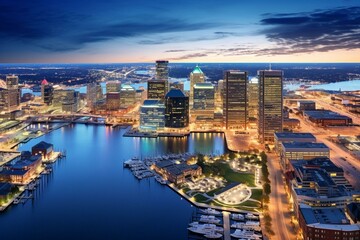 Aerial view of Baltimore's downtown skyline in Maryland, USA. Generative AI