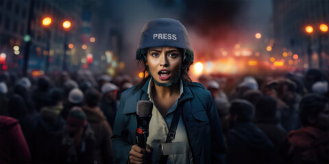 breaking news female woman reporter covering live event for news media and television press headlines standing in the middle of the street holding microphone wearing helmet and vest - obrazy, fototapety, plakaty