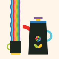 Teapot or kettle, cup of drink. Coffee or tea. Rainbow colours smoke float up. Vector Illustration. Flat trendy abstract style. Peace love free concept. Decorative design for posters, banners, cards.