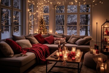 Cozy interior of a living room in a house or apartment decorated for christmas and the new year...