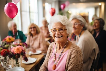 Happy senior woman celebrating her birthday in a nursing home with her female friends - Powered by Adobe