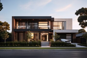 Exterior of a contemporary and modern house situated in the suburbs in the USA
