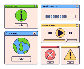 90s retro aesthetics minimalistic digital screen user interface. Web page, loading, connect, system error, error, player interface. Vector illustration