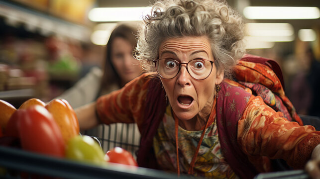 Senior Woman In Supermarket Looking At Prices Scared