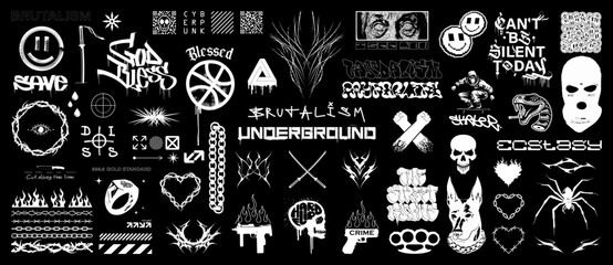 Street culture vector set - symbols, graffiti, tattoos, tags in brutalism style with grunge. Neo tribal, street signs and symbols of 90s hip hop culture. Urban ghetto gang, graphic box. Vector set
