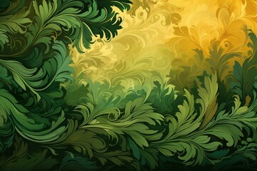 Background with lush vegetation and vibrant green-gold tones. Generative AI
