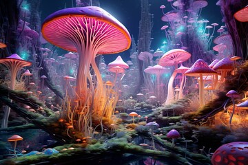 A trippy digital artwork of colorful mushrooms in a psychedelic scenery, depicting an alien world connected through a mycelial network. Generative AI