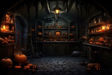 A haunting sorcerer's chamber with eerie Halloween pumpkin decorations and potion jars in the darkness. Space available for Halloween festivities. Generative AI - obrazy, fototapety, plakaty
