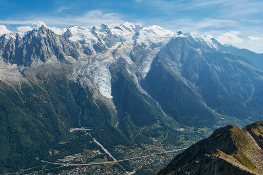 Mont Blanc mountain range and Aiguille du Midi. Summer in Rhone-Alps, France
