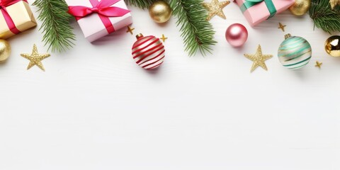 Christmas composition flat top view. Background gift boxes and Christmas decorative ornaments. Merry christmas and a happy new year. Holiday banner and poster. Clean space for text