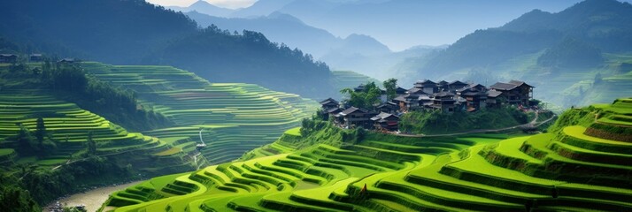 beautiful terraced fields, green rice paddies, generative AI - obrazy, fototapety, plakaty