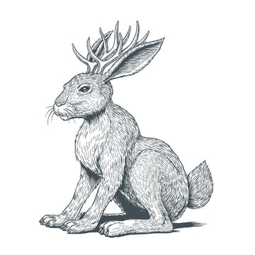 Jackalope, Jackrabbit or Wolpertinger hare with horns isolated on white background. Folklore magic animal engraving or etching style black and white hand drawn vector illustration