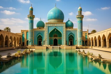 Beautiful ancient mosque in Baghdad with a turquoise exterior. Generative AI