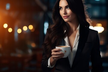 elegant woman wearing a suit drinking a cup of coffee 