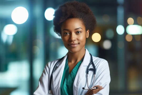 Black Afro Woman Doctor Looking To Camera With A Smile Of Confidence In A Hospital