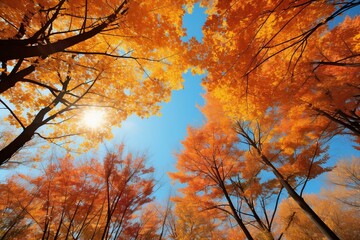 vibrant fall scene with falling leaves and clear sky. Generative AI