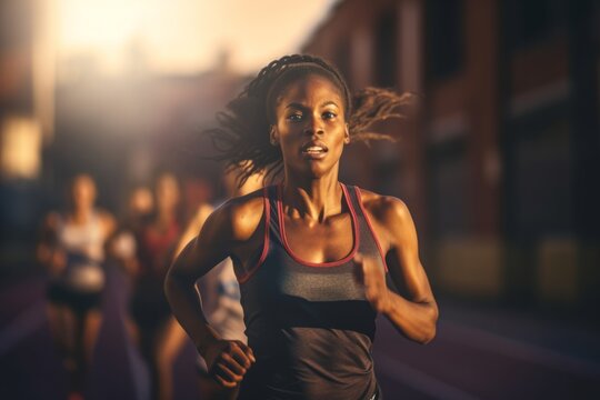 black woman running in a marathon in a city streets