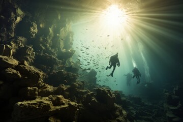 Fototapeta na wymiar two scuba divers diving deep next to a bank of fishes
