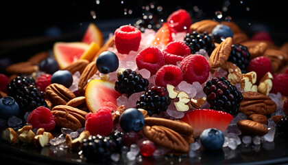 Freshness and variety of gourmet desserts on wooden table generated by AI