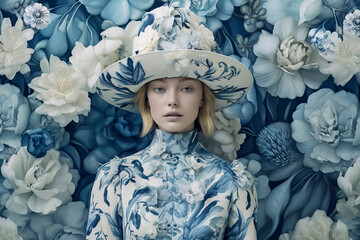 Whimsical Elegance: A Blonde Beauty Adorned in White and Blue, Amidst a Garden of Blossoms, ai generative