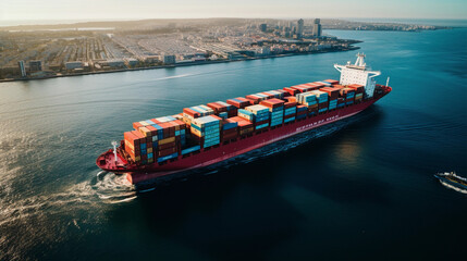 aerial view Commercial and Logistics Transportation Load ship of import and export of goods International Trade