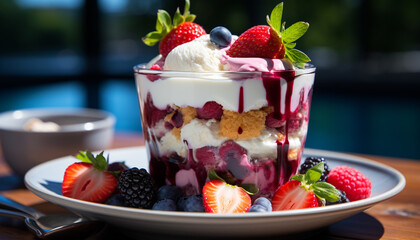 Fresh fruit parfait with yogurt, berries, and granola on wooden table generated by AI