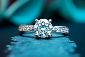 Engagement ring featuring a round-cut diamond and eternity band against a turquoise backdrop. Generative AI