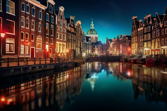 Night scene with illuminated buildings and canals in Amsterdam. Generative AI