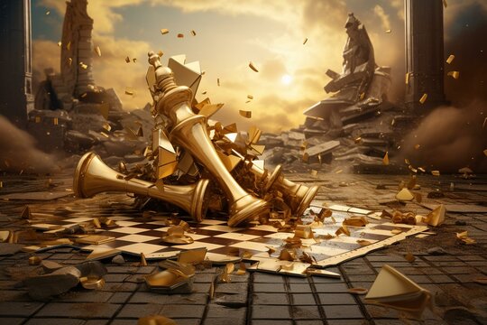The golden chess king stands amidst fallen pieces, symbolizing victory and strategic competition. Generative AI