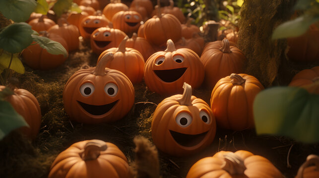 happy pumpkins at sunset - cute cartoon Halloween background - generative AI