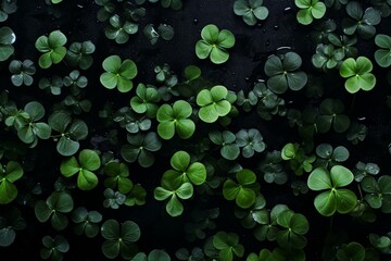 A dark backdrop with moist clover leaves, representing rejuvenation and progress. Generative AI