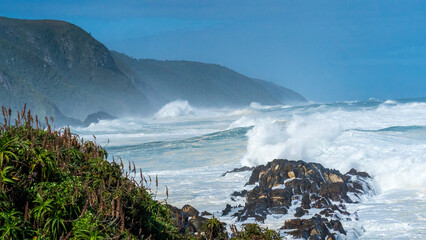 Huge waves hitting the shore at Storms River Camp Tsitsikamma, Garden Route National Park, South Africa	