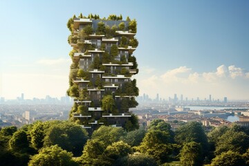 Innovative sustainable skyscraper, vertical forest (bosco verticale), showcasing commitment to a green economy. Generative AI