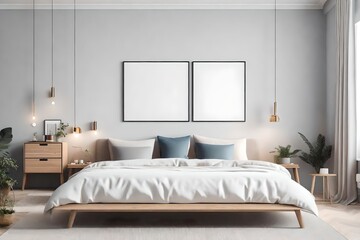 3d Mock-up poster frame in bedroom in Scandinavian style. 