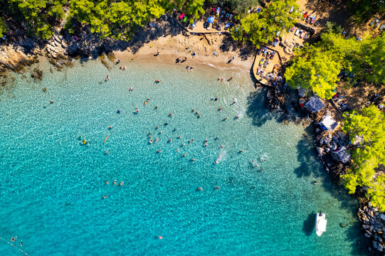 Marmaris, Mugla, Turkey. Incekum Beach in Marmaris with perfect turquoise water. Aerial view of beach, drone shot.